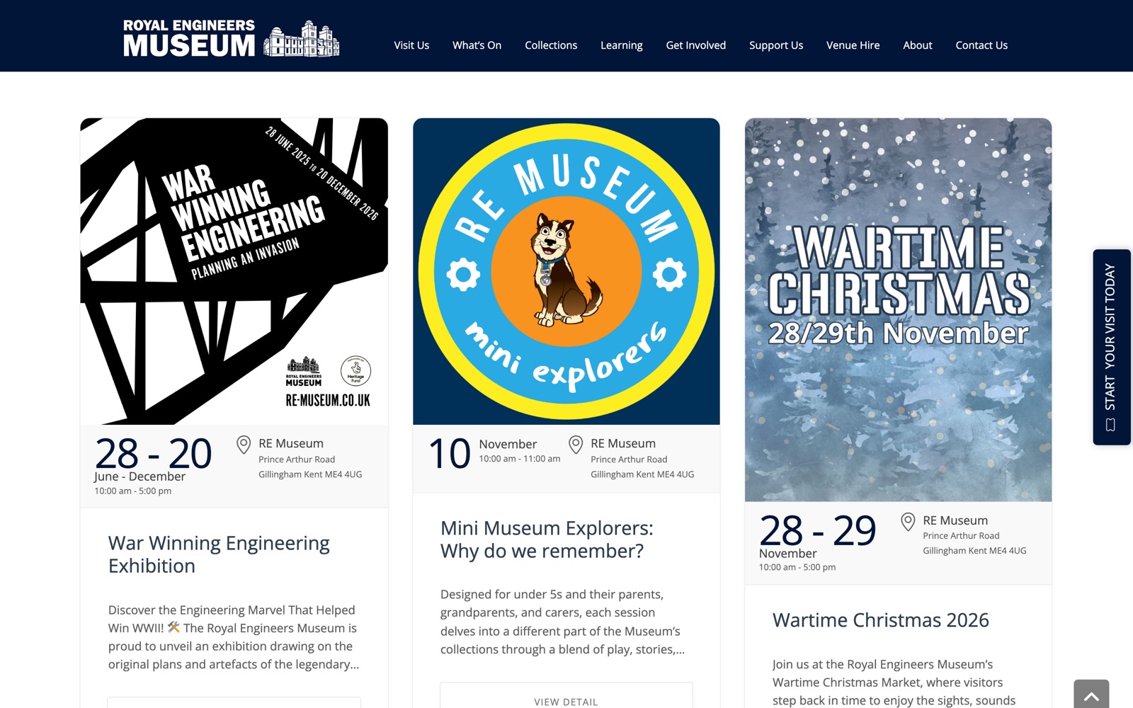 Event cards with posters, large dates, times and the museum’s address