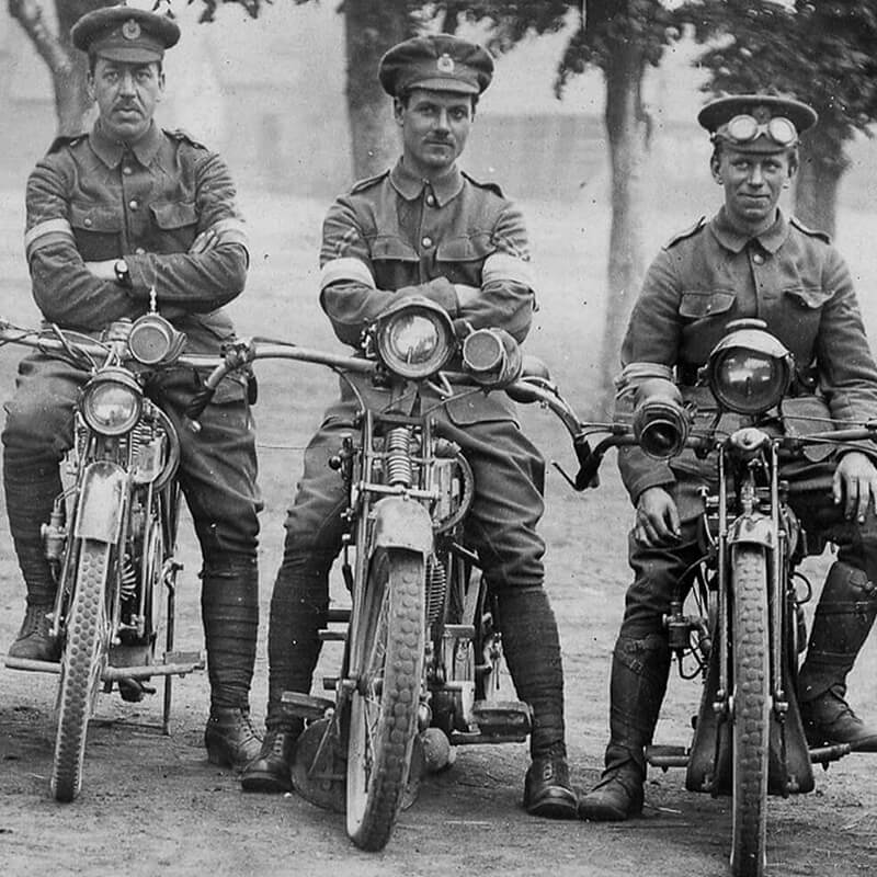 An archive photograph of three Royal Engineers on motorcycles
