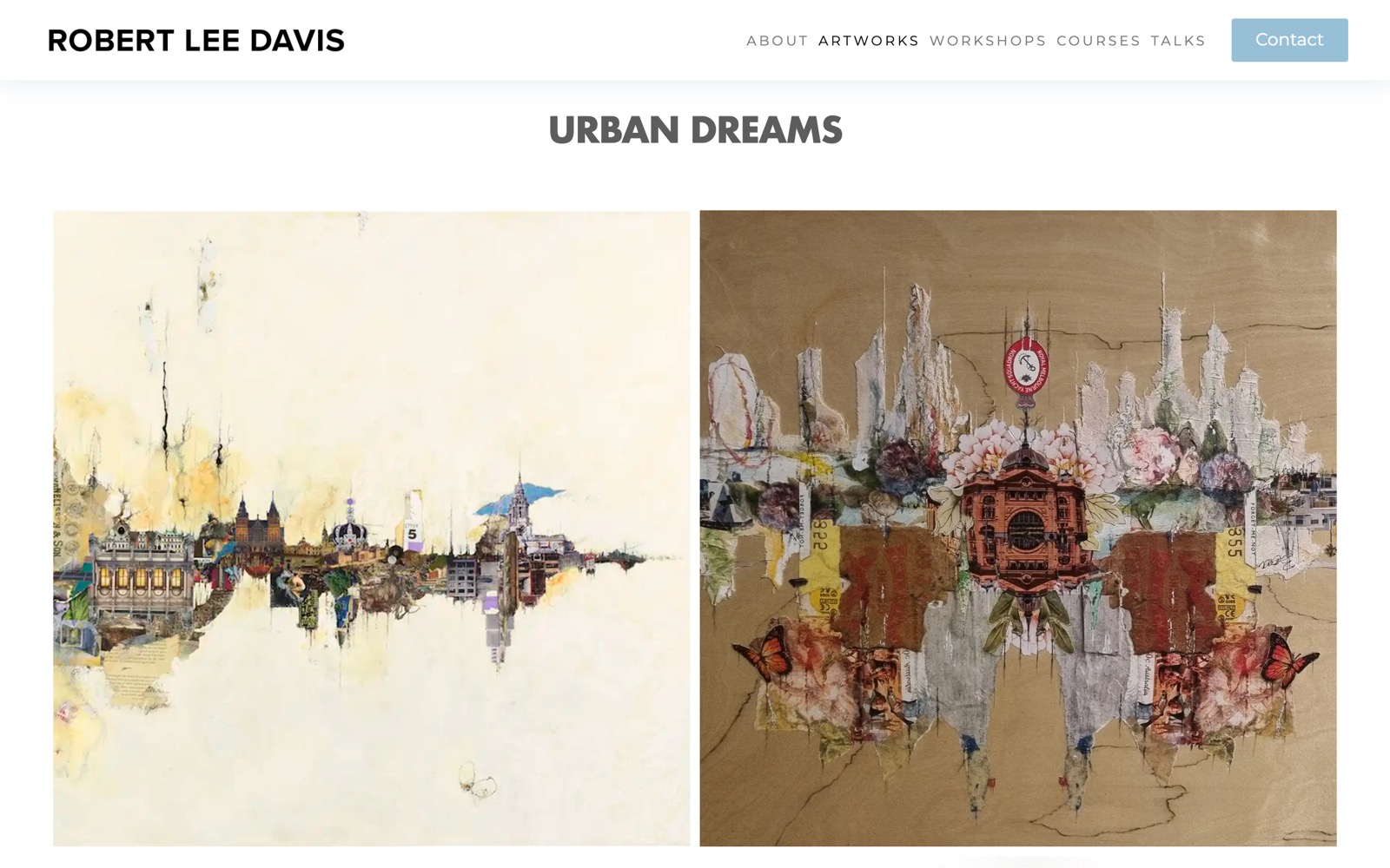 Two Urban Dreams collages side by side, one pale and one on wood