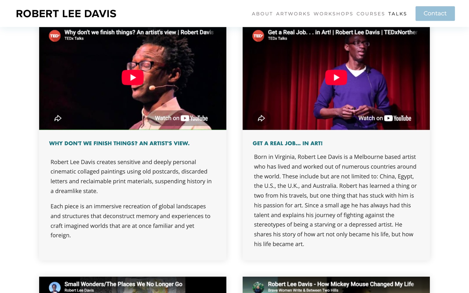The Talks page: TEDx talks in pale cards, each with a video above a teal title and description