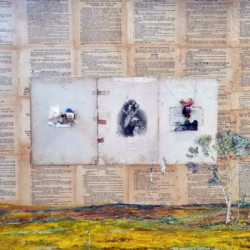 Australian Landscape, A Recipe for Living: old recipe pages above a painted yellow landscape and a gum tree