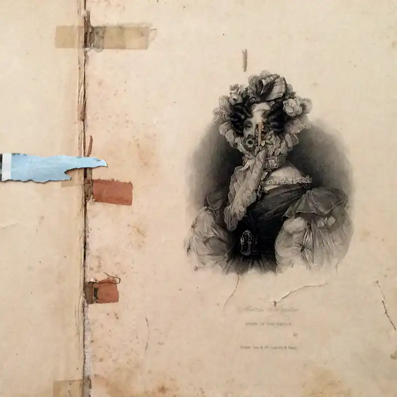 A collage with a Victorian engraved portrait taped to aged paper