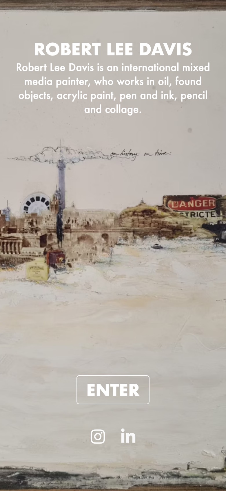 The homepage on a phone, with the painting, the artist’s name and an Enter button